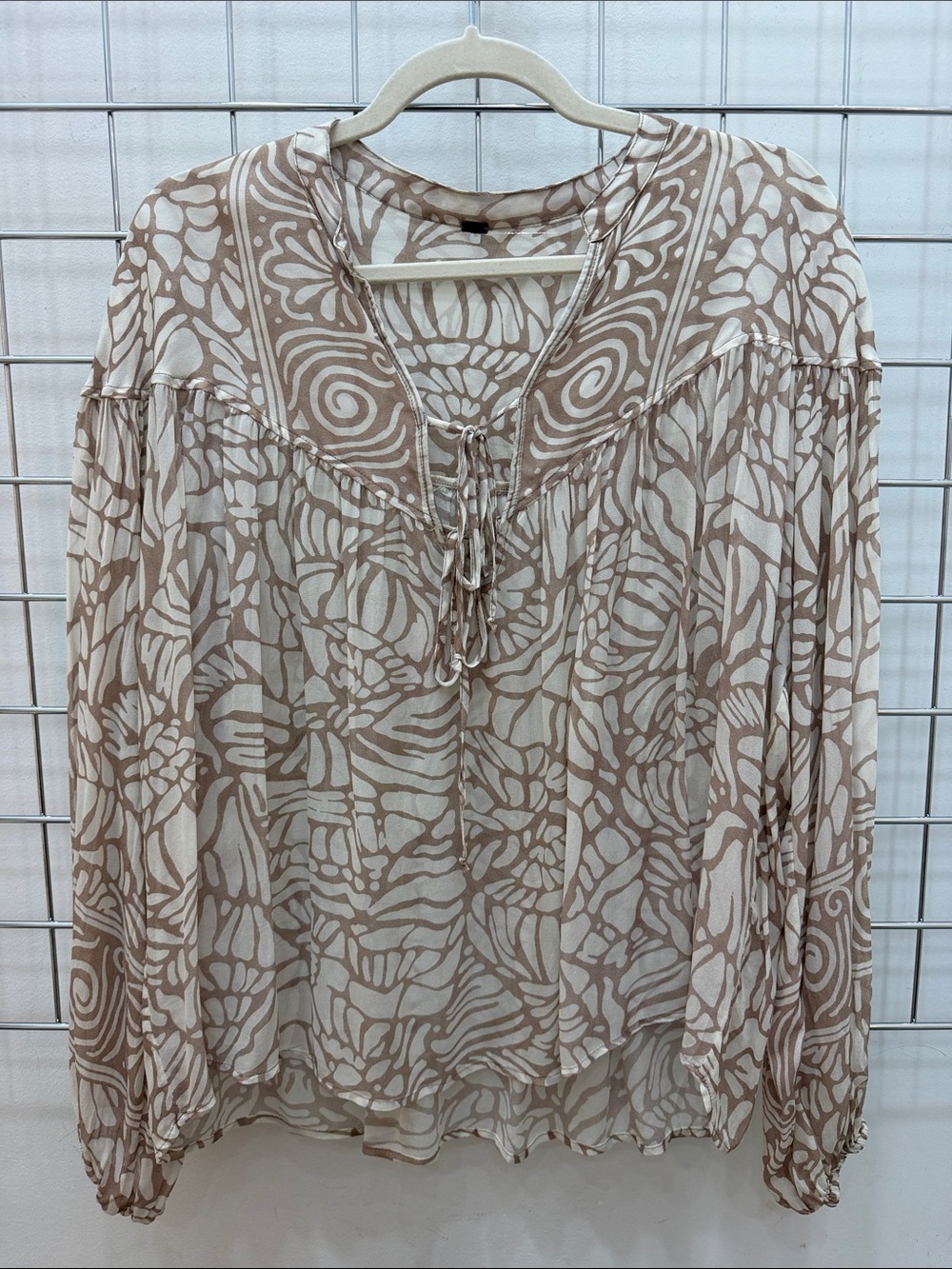 Floral Multi Tie-Neck Peasant Blouse - Light Beige